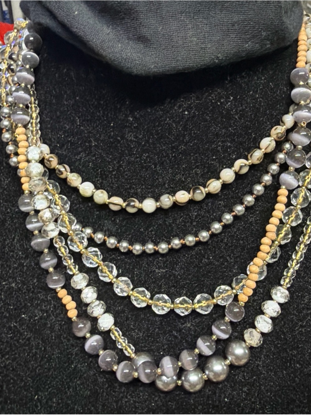 Loft 21” (5) multi -Strand Gray and Gold Beaded Statement Necklace